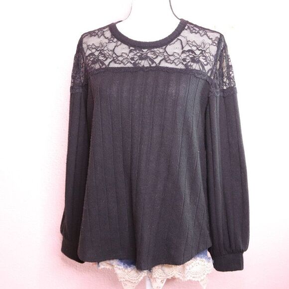 Maurices | Black Lace Long Sleeve Sweater Large - Picture 2 of 8